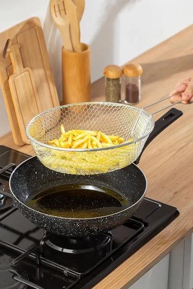 Nishev.com Evini Sev Emaye Lüks Yanmaz Yapışmaz Granit Kızartma Fritoz Wok Tava 26 Cm