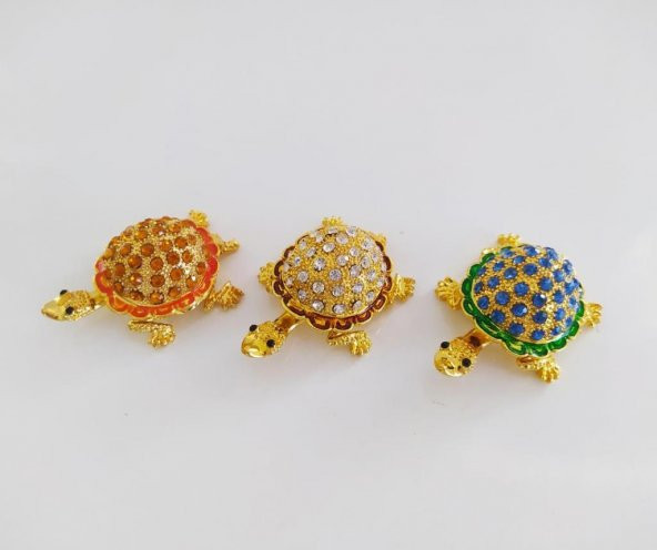 Mücevherat Kutusu Metal Swaroski Taşlı 3Lü Orta Boy Kaplumbağa Biblo Dekorasyon