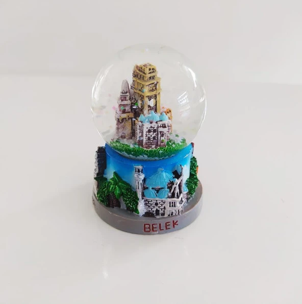 Alanya Side Belek Kemer Yazılı Dekoratif Cam Mini Kar Küresi Masaüstü Süsü Biblo Mavi 7 cm