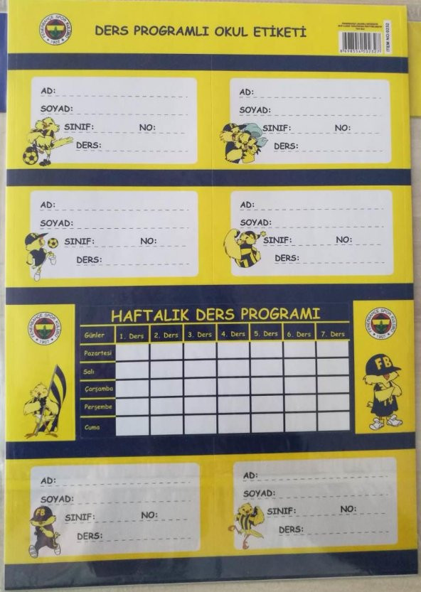 Fenerbahçe Ders Programlı Okul Etiketi 4 Adet
