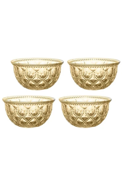 Easy Life Rölyef Süslemeli 4 lü Cam Kase Seti Amber 400 ml 12.7cm - h 6.6cm