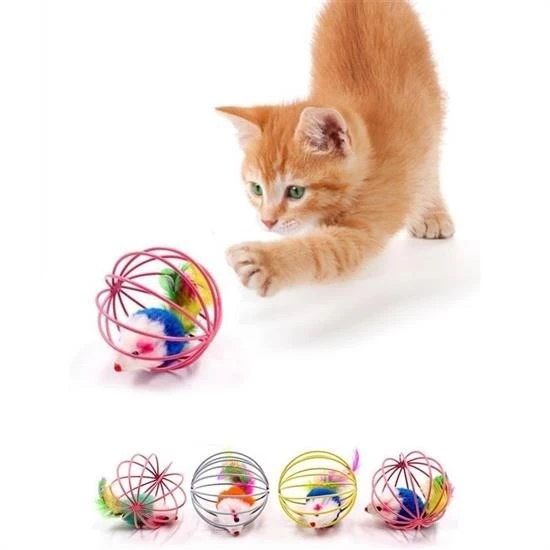 By Nevser® Renkli Metal Kafesli Peluş Fareli Kedi Köpek Oyuncağı Oyun Topu 6 cm - 4