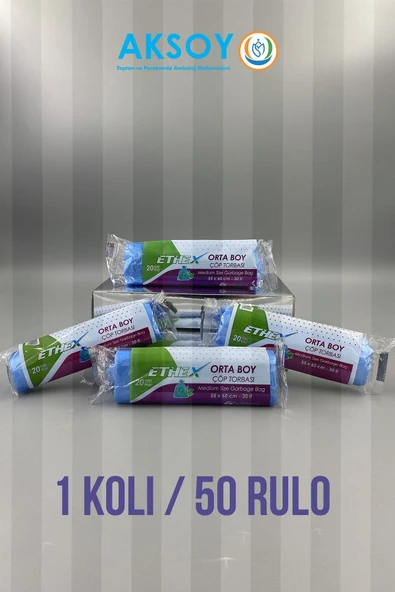 Ethex Orta Boy Çöp Torbası 55x60cm-30lt 20 Adet 1 Koli 50 Rulo