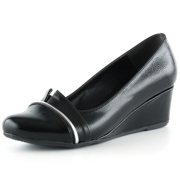 Erkan Saçmacı Colel Siyah Rugan Metal Detaylı Yuvarlak Burun Dolgu Topuklu Günlük Ayakkabı