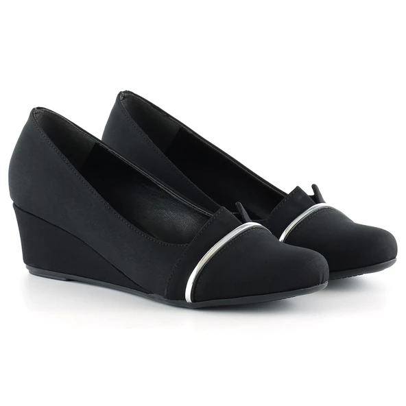 Erkan Saçmacı Colel Siyah Krep Metal Detaylı Yuvarlak Burun Dolgu Topuklu Günlük Ayakkabı - 3