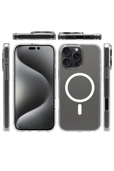 iPhone 16 Pro Max Uyumlu Kılıf Magsafe Şarj Özellikli Şeffaf Sert PC Kapak - Resim 6