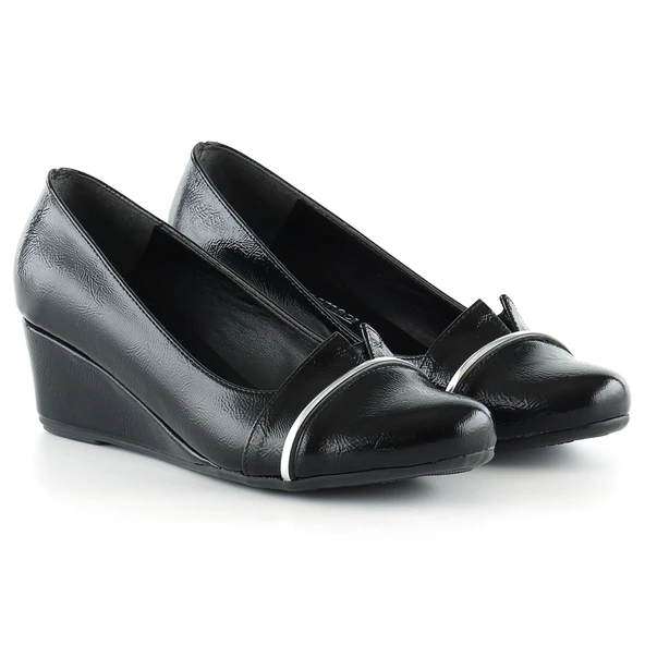 Erkan Saçmacı Colel Siyah Rugan Metal Detaylı Yuvarlak Burun Dolgu Topuklu Günlük Ayakkabı - 3