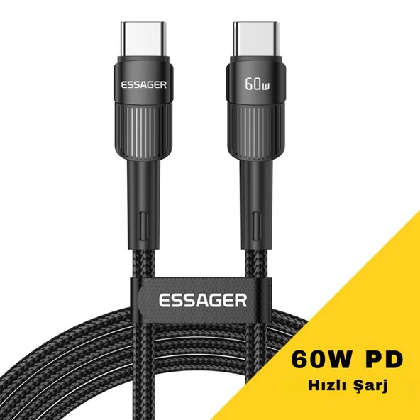 Essager 1 Metre 60W PD Type C To Type C Şarj Kablosu, Akım, Isı ve Güç Korumalı Ultra Sağlam Kablo