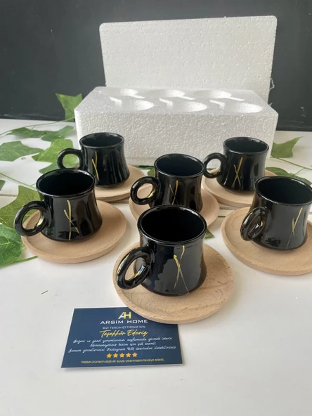 Arsim Home Ahşap tabaklı 6 Kişilik Siyah Fincan Takımı - 2