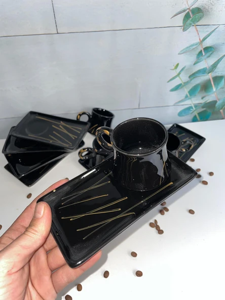 Arsim Home  Çizgili Siyah 6 Kişilik Sunum Tabaklı Seramik Fincan Takımı