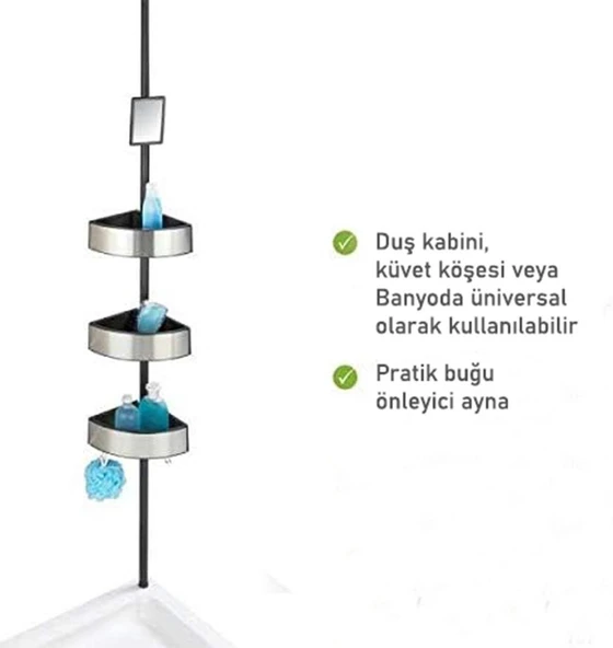 Wenko Premium Köşe Teleskopik Banyo Rafı Siyah Aynalı - 9