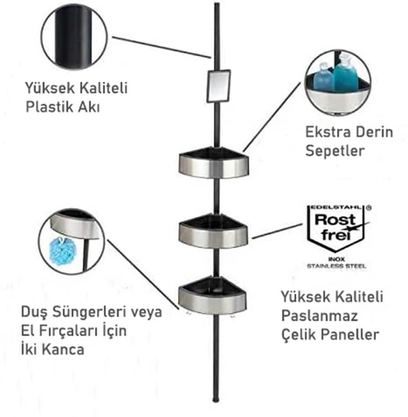 Wenko Premium Köşe Teleskopik Banyo Rafı Siyah Aynalı - 7