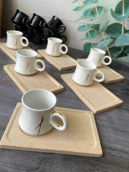 Arsim Home  6 Kişilik Ahşap Tabaklı Kare Beyaz Yaldızlı Fincan Takımı