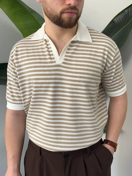 Giesto Krem Çizgili Polo Yaka Triko T-shirt - 3
