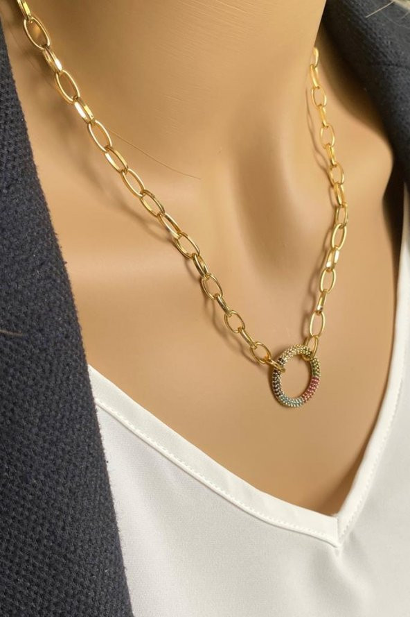 Gold Zirkon Taşlı Yuvarlak Zincir Kolye - 3