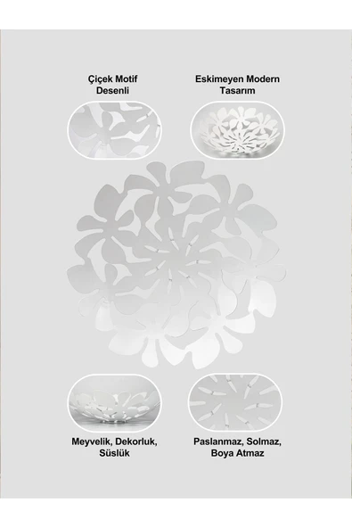Daisy Dekoratif Metal Meyvelik, Metal Kase, Tabak (33cm) - 5