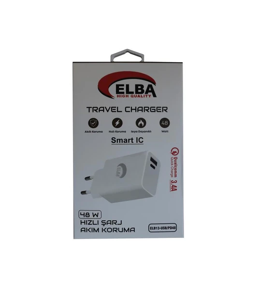 Elba ELB13 Elb-48w 3.4A USB-Pd48 (Usb+Type-C) Akıllı Koruma- Isıya Dayanklı Hızlı Şarj Ev Şarj Kafa