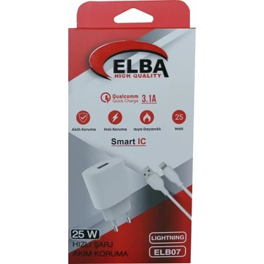 Elba ELB07-USB-25WIOS Beyaz 25W Usb Ev Şarj Kafa+ Usb 1mt Lightning Kablo QC4.0 Hızlı Şarj