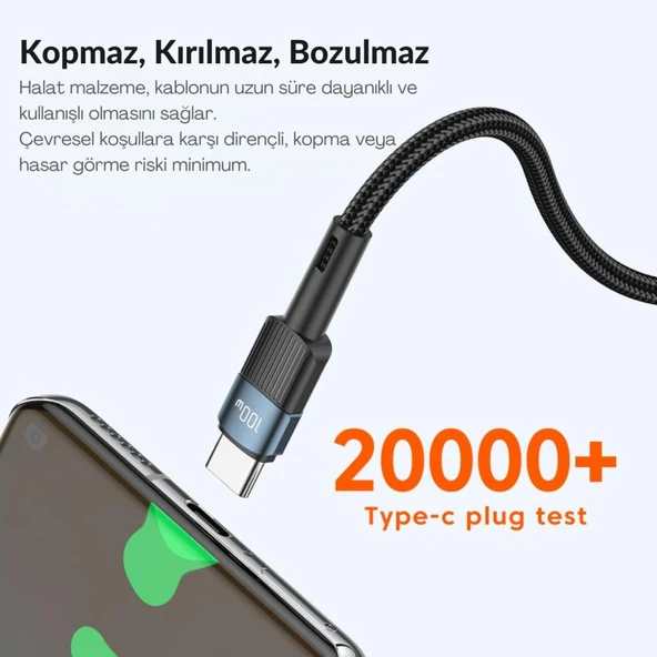 Essager 1 Metre PD 100W QC4.0 Süper Hızlı Type C To Type C Şarj Data Kablosu, Akım,Isı, Batarya Korumalı - 5
