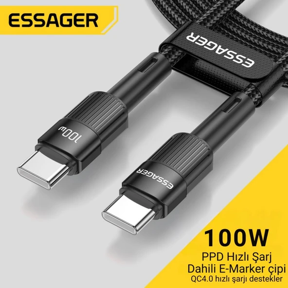 Essager 1 Metre PD 100W QC4.0 Süper Hızlı Type C To Type C Şarj Data Kablosu, Akım,Isı, Batarya Korumalı - 2