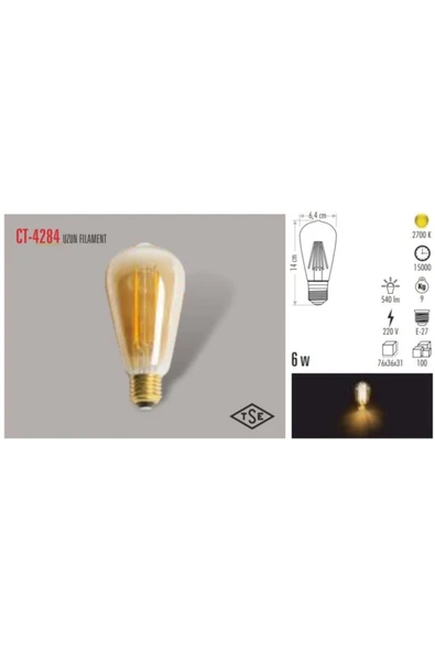 Led Ampul Uzun Flmanet 2700k Amber Işık 6 Watt Dimmerli Rustik - Resim 2