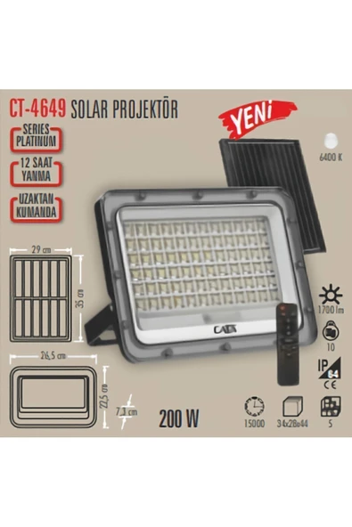 CT-4649 200W Solar Led Projektör Gri