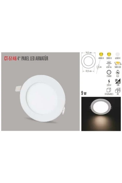 Ct 5146 10 Adet 9 Watt Slim Led Panel Beyaz Işık Metal Kasa - Resim 4