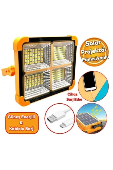 Ct-4698 Güneş Enerjili Solar 200w Led Projektör Taşınabilir Sarı Beyaz Ve Çakar Işık Lamba