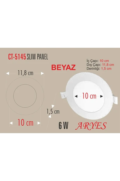 10 Adet 6 Watt Slim Led Panel Beyaz Işık Metal Kasa (delik Çapı : 10,5cm)