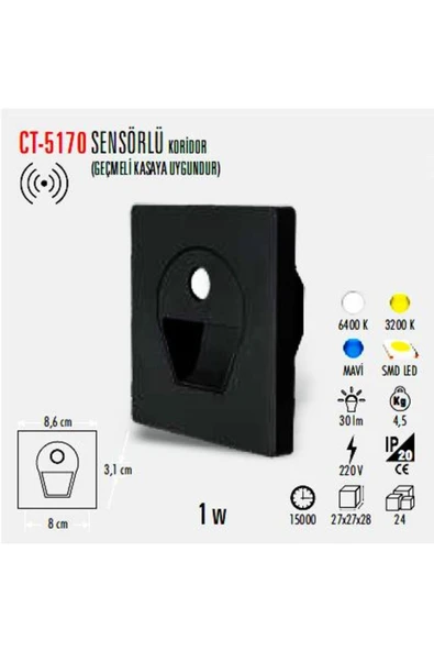Ct-5170 1 Watt Siyah Kasa Sensörlü Koridör Armatürü Beyaz