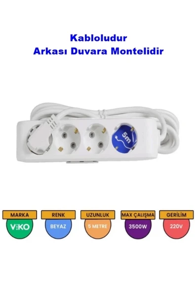 Viko Multi-let Beyaz Dörtlü Grup Priz Topraklı Kablolu Çocuk Korumalı 5 Mt 90113405 - 1