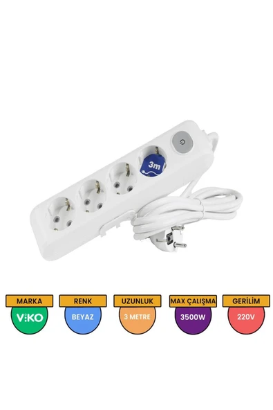 Viko 4'lü Priz 3 Metre Anahtarlı Topraklı Ve Çocuk Kilitli - Resim 2