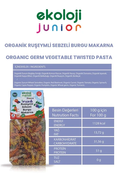 Organik Ruşeymli Sebzeli Burgu Makarna 250gr12Paket Organic Wheat Vegetable Twisted Pasta250gr12pack - Resim 3