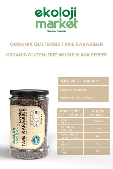 Organik Glutensiz Tane Karabiber 80 gr / Organic Gluten-free Whole Black Pepper 80 gr - 2