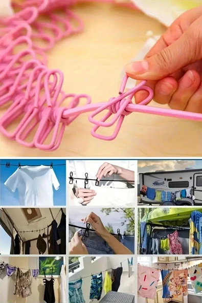 BUFFER® Taşınabilir Seyahat Çamaşır İpi 12 Mandallı Klipsli Lastikli Çamaşır Mandalları - 7