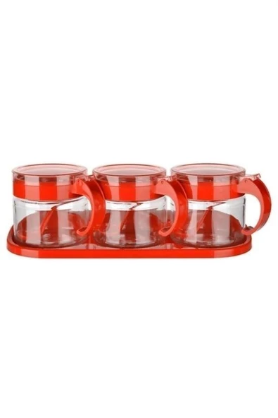 BUFFER®  Kırmızı 3lü Standlı Kapaklı Kaşıklı Cam Hava Sızdırmaz Baharatlık Takımı  KC-386 - 6