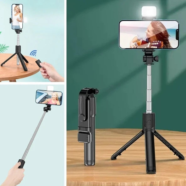 BUFFER® Kendiliğinden Işıklı Masaüstü Tripod Olabilen Telefon Tutuculu Kablosuz Kumandalı Selfie Çubuğu