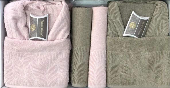 Royam Yanar Home Pamuklu Jakarlı 8 Parça Aile Bornoz Seti Takımı