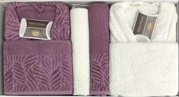 Royam Yanar Home Pamuklu Jakarlı 8 Parça Aile Bornoz Seti Takımı - 3