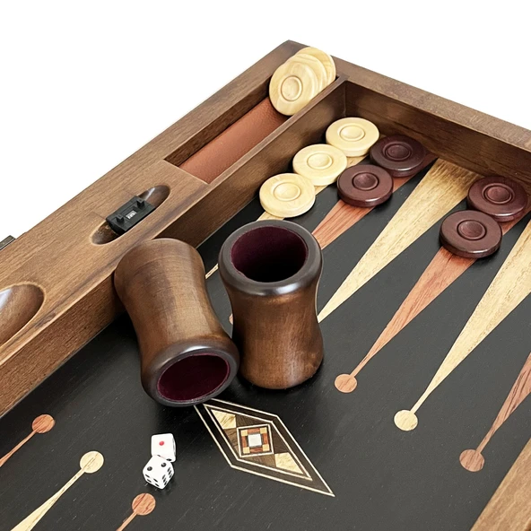 Klasik Geniş Tavla Siyah Mozaik Numeratörlü Masif Ahşap - 5