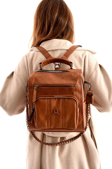 Suni Deri Kadın Omuz Çantası 27*27 Cm Fonksiyonel Kullanım İster Omuz İster Sırt Mega Çanta - Resim 7