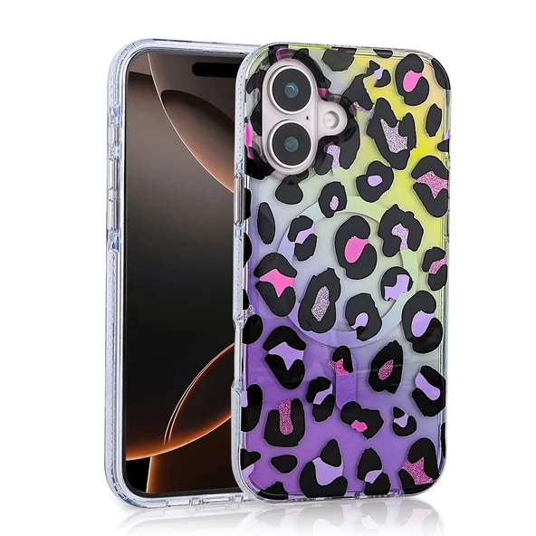iPhone 16 Plus Kılıf Magsafe Şarj Özellikli Desenli Leopar Jago Kapak - Resim 2
