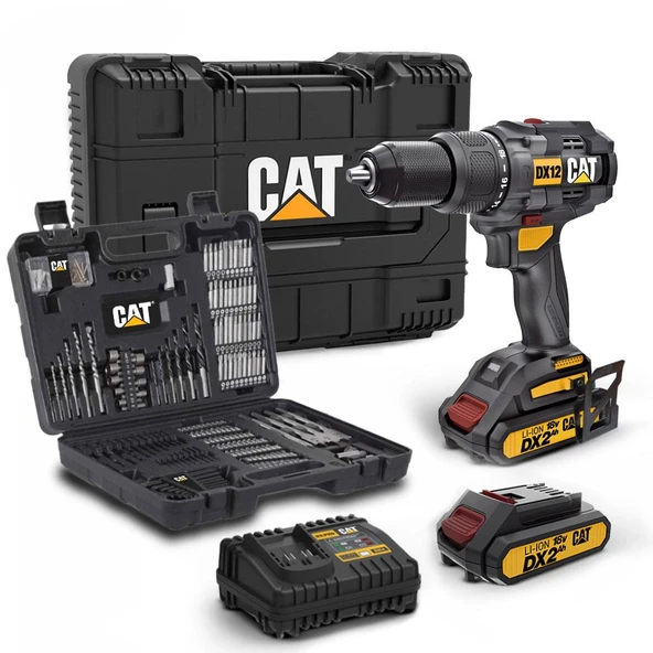 CAT DX12SET 18Volt/2.0Ah Li-ion Çift Akülü Kömürsüz Profesyonel Darbeli Matkap+DA01903 201 Parça Del