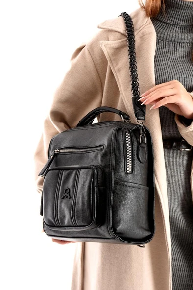 Suni Deri Kadın Omuz Çantası 27*27 Cm Fonksiyonel Kullanım İster Omuz İster Sırt Mega Çanta - Resim 12