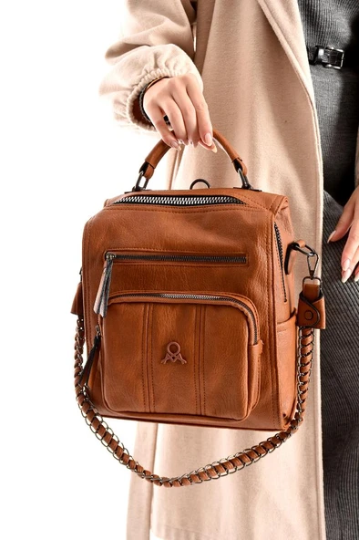 Suni Deri Kadın Omuz Çantası 27*27 Cm Fonksiyonel Kullanım İster Omuz İster Sırt Mega Çanta - Resim 8