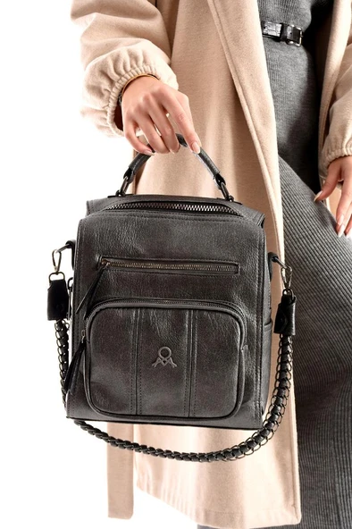 Suni Deri Kadın Omuz Çantası 27*27 Cm Fonksiyonel Kullanım İster Omuz İster Sırt Mega Çanta - Resim 3