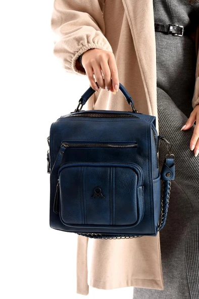 Suni Deri Kadın Omuz Çantası 27*27 Cm Fonksiyonel Kullanım İster Omuz İster Sırt Mega Çanta - Resim 5