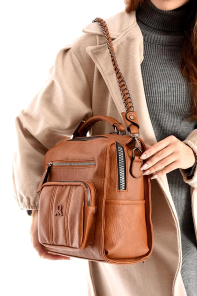 Suni Deri Kadın Omuz Çantası 27*27 Cm Fonksiyonel Kullanım İster Omuz İster Sırt Mega Çanta - Resim 9