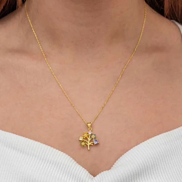 Gümüş Gold Renkli Hayat Ağacı Kadın Kolye - 3
