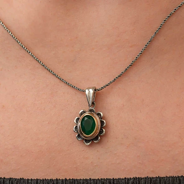 Gümüş Yeşil Çiçek Desenli Otantik Kadın Kolye - 2